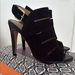 Black Suede Peep-Toe Heels with Caged Straps